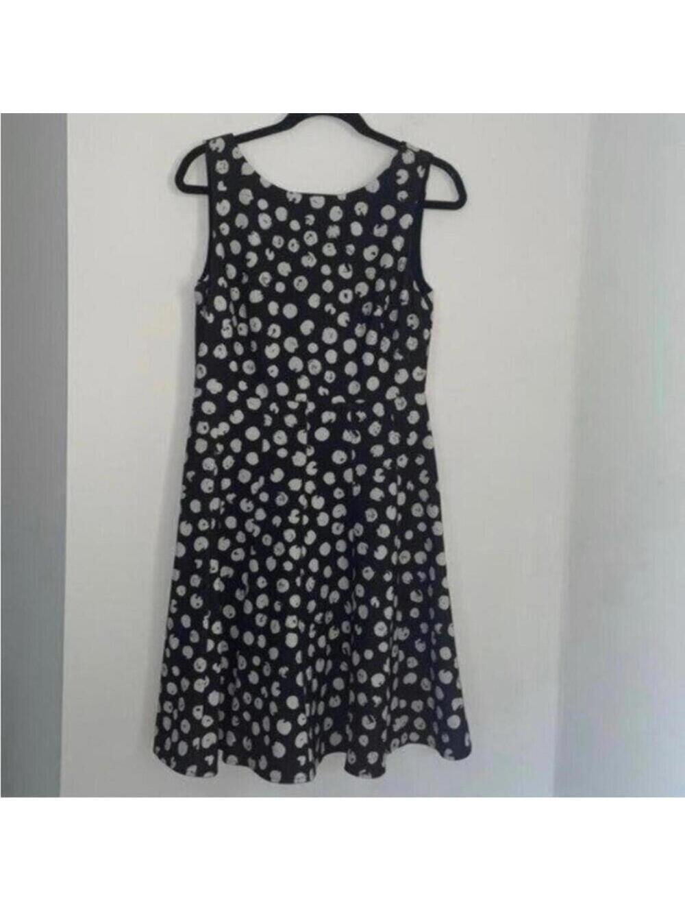 DKNY Black and White Distressed Stamped Polka Dot Fit and Flare Pleated Dress